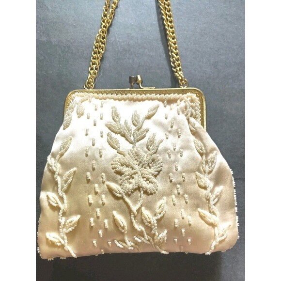 Vintage Beaded Purse Handbag Satin Beige Gold Chain Handmade Glam 1950s Style - Picture 2 of 13